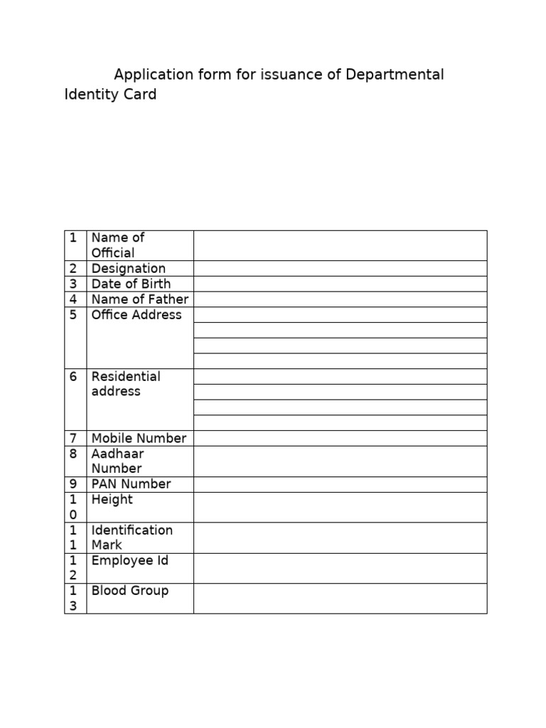 Departmental Identity Card Application Form | PDF
