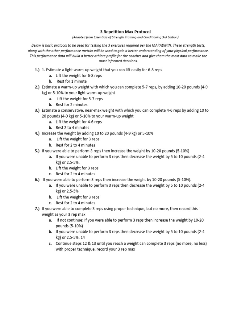 3 Repetition Max Testing Protocol | PDF | Strength Training | Pound (Mass)