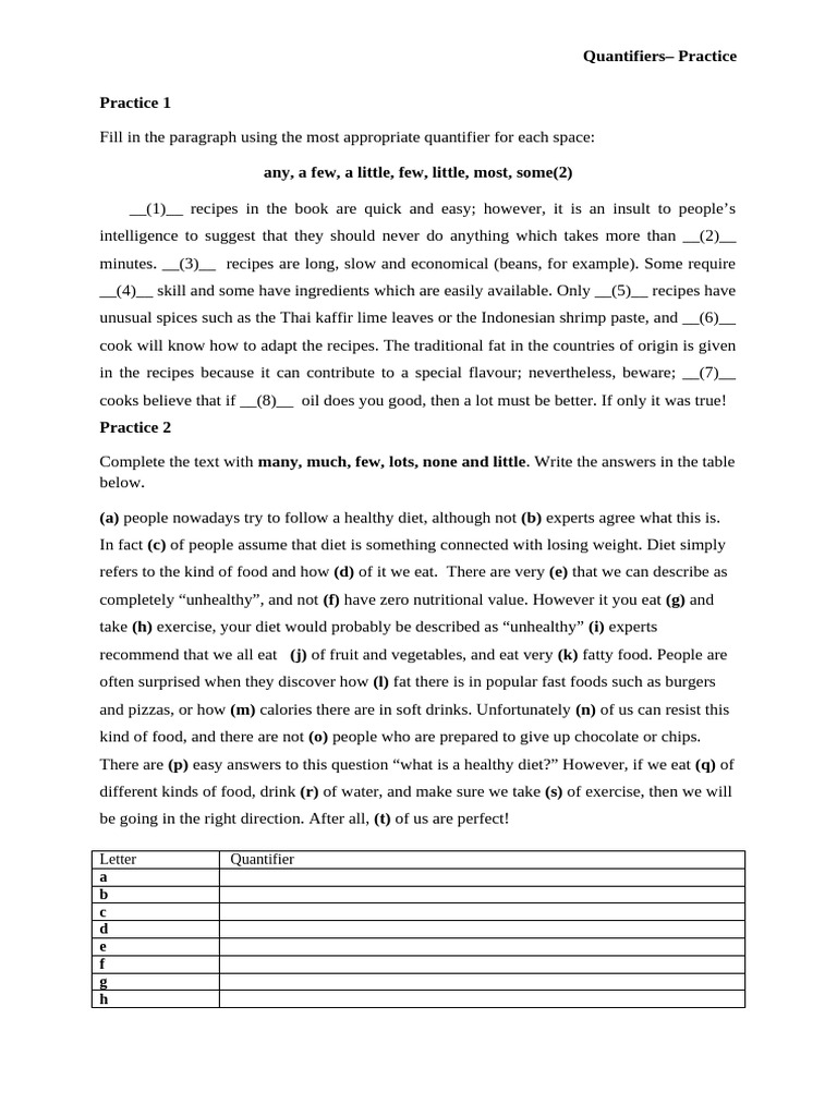 Quantifiers - Practice | PDF | Healthy Diet | Cuisine