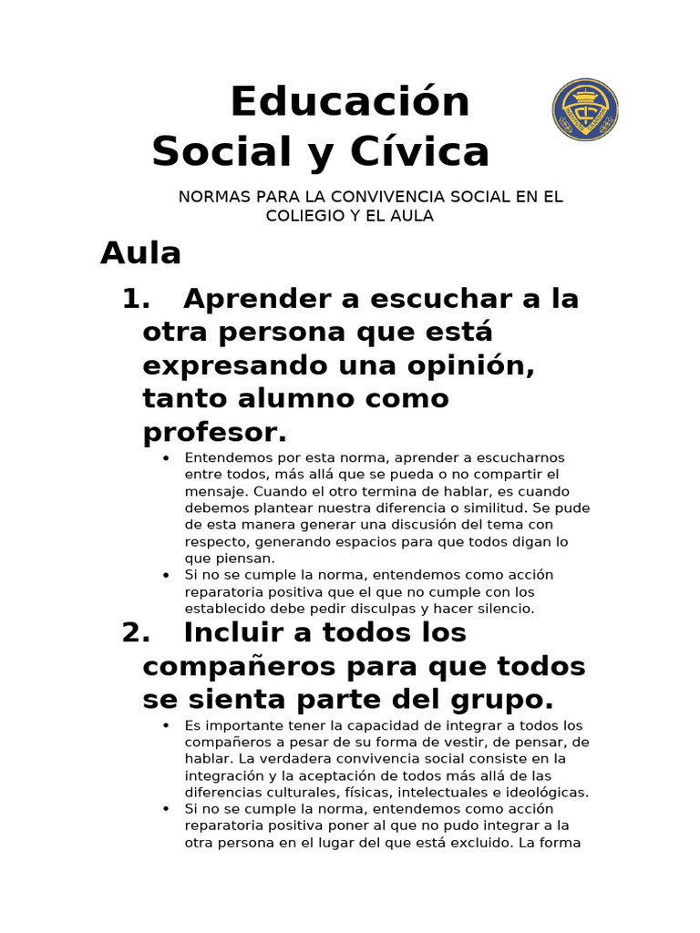 Normas de Convivencia en el Aula y Colegio | PDF