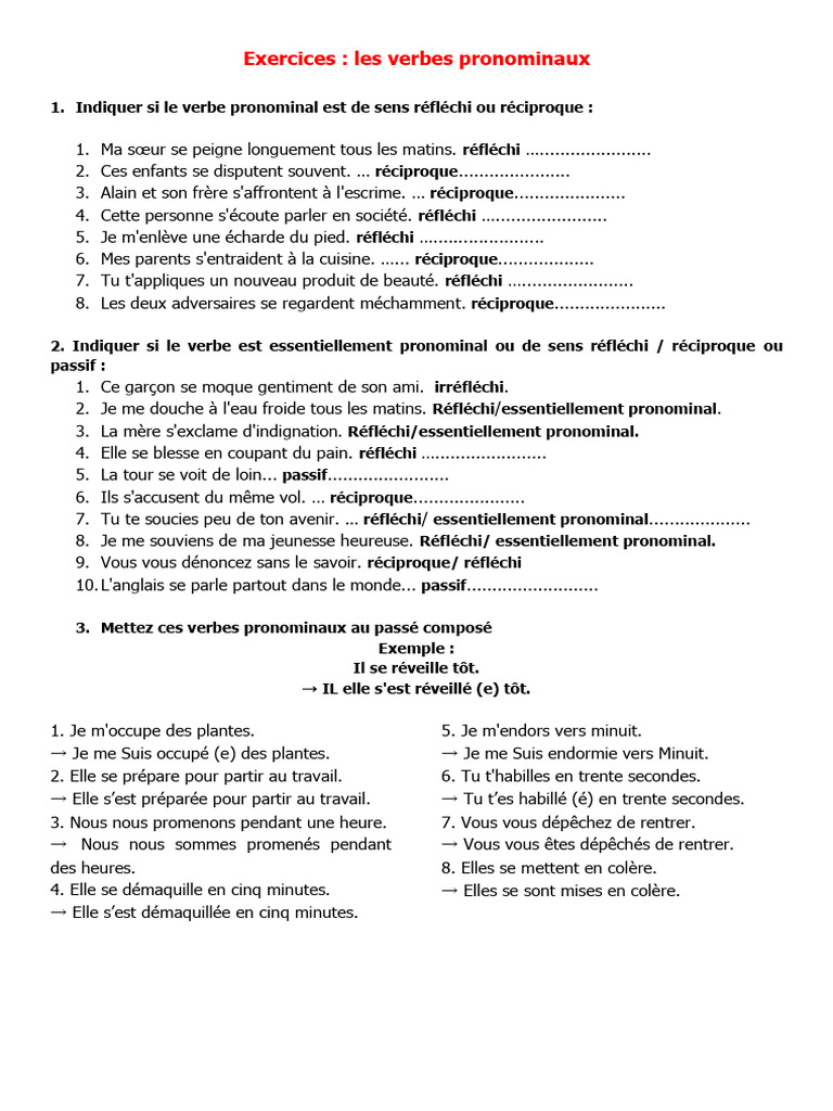 Exercices sur les verbes pronominaux | PDF