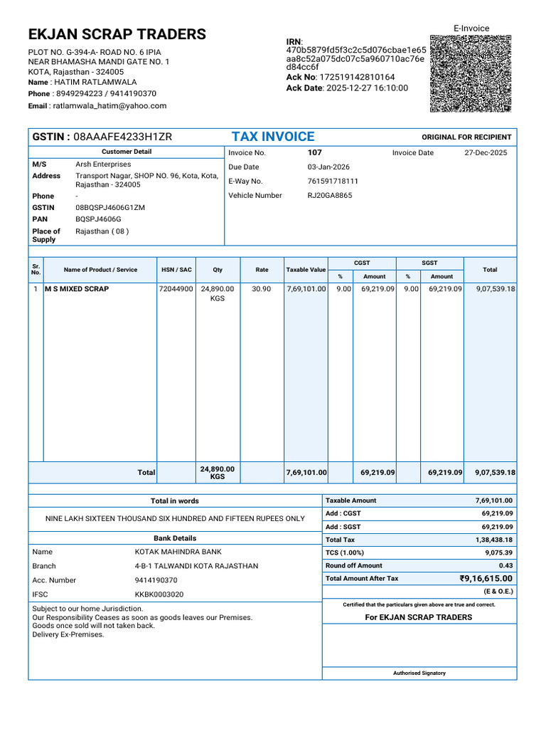 E-Invoice for EKJAN Scrap Traders | PDF | Payments