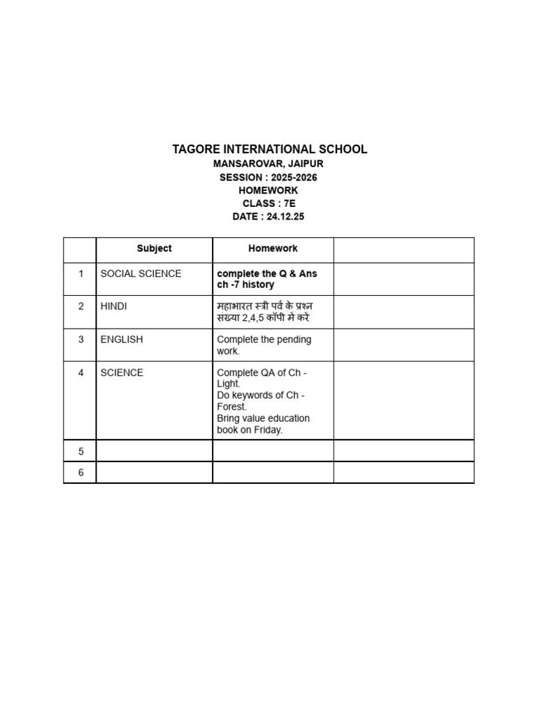 Class 7E Homework Assignments 2025-2026 | PDF