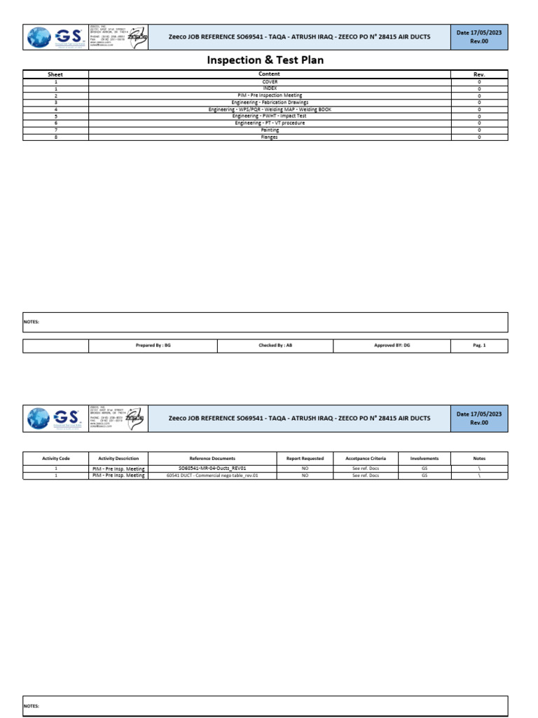 Inspection & Test Plan for Air Ducts | PDF | Mechanical Engineering