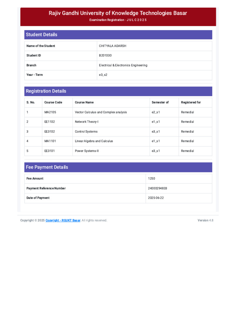 Student Registration Details for EEE | PDF