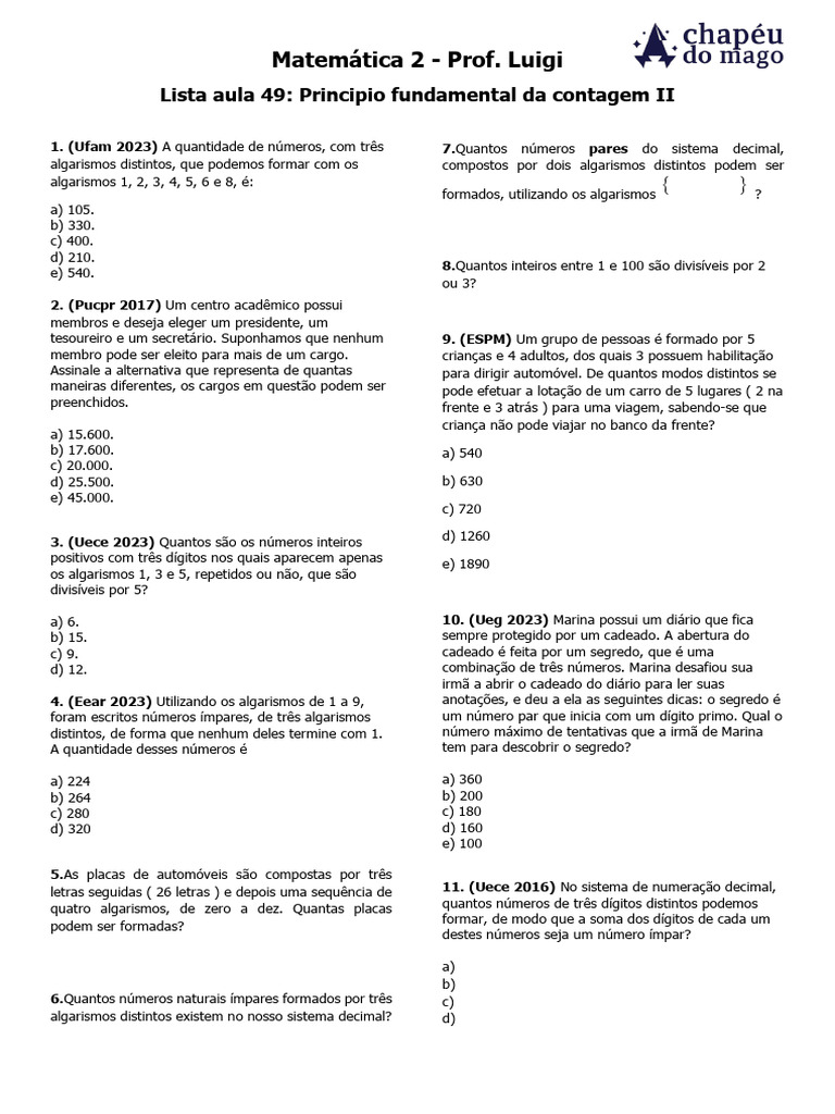 Exercícios sobre Princípio da Contagem II | PDF | Cor | Número primo