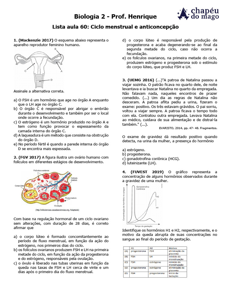 Ciclo Menstrual e Anticoncepção: Questões e Respostas | PDF | Hormônio ...