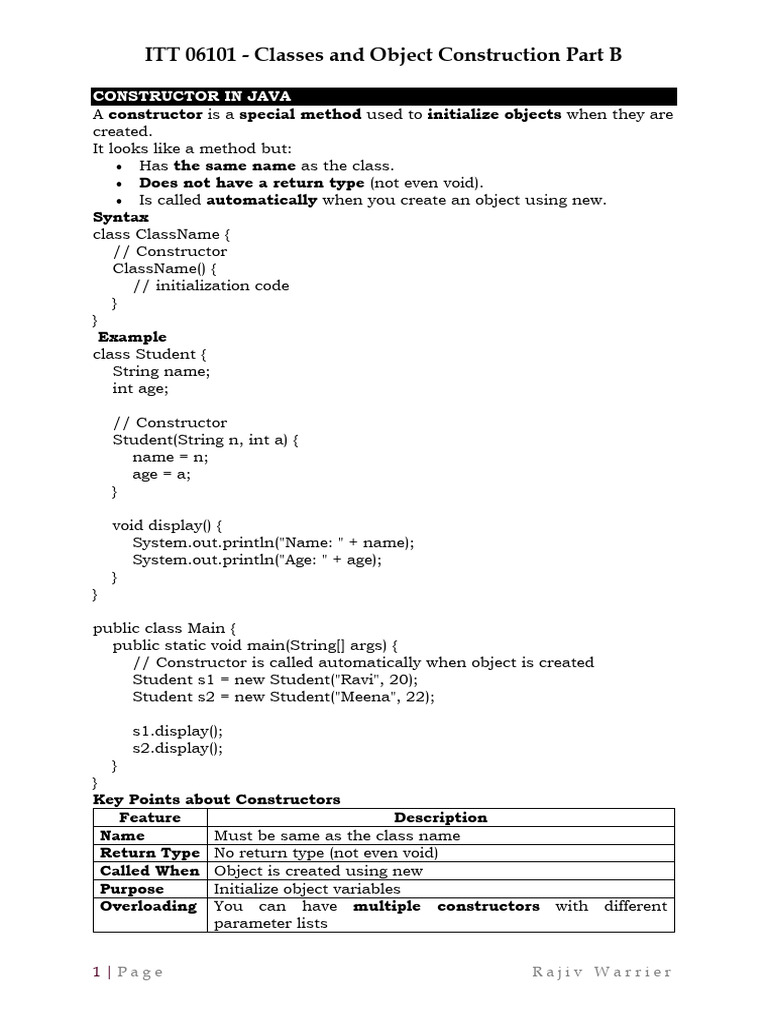 ITT 06101 - Classes and Object Construction Part B | PDF | Constructor ...