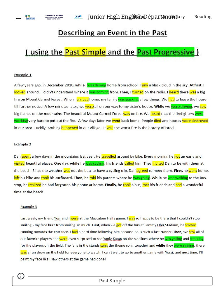 Junior High English Department - Describing An Event in The Past (Using ...