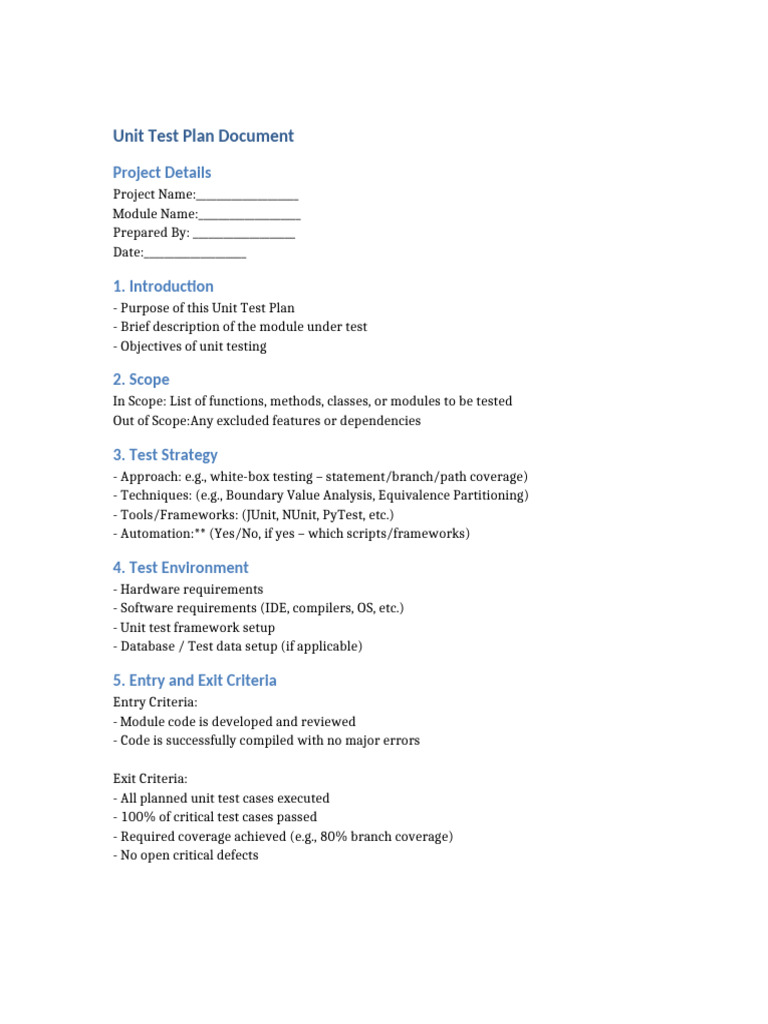 Unit Test Plan Template | PDF