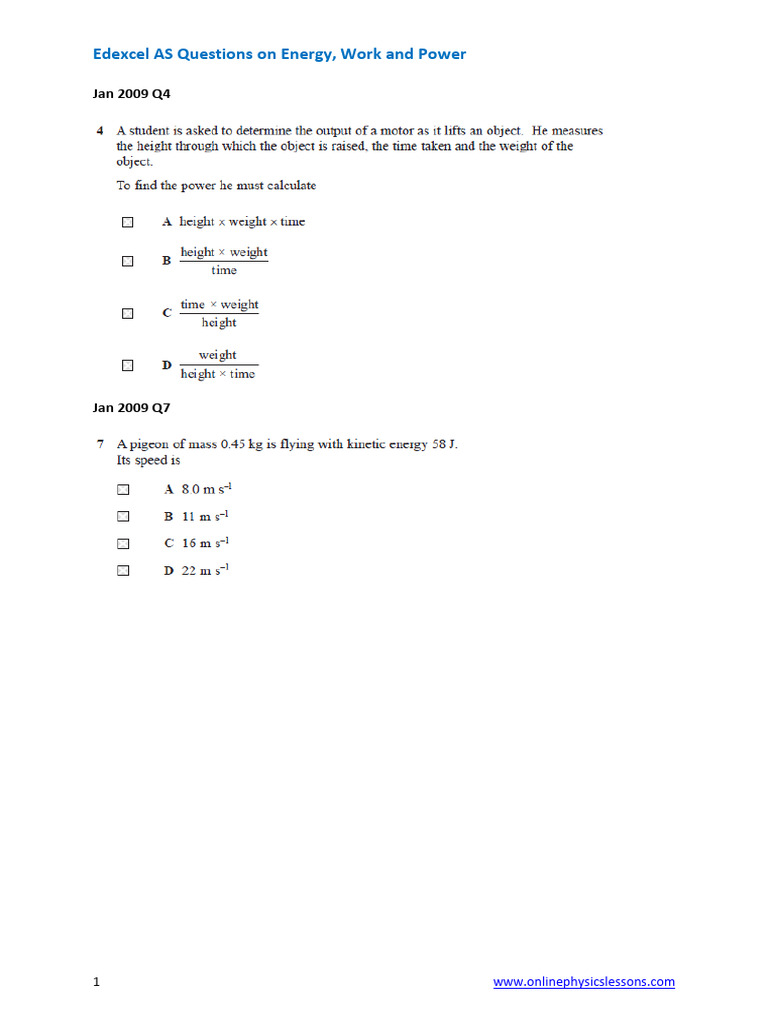 Edexcel AS Energy, Work & Power Questions | PDF