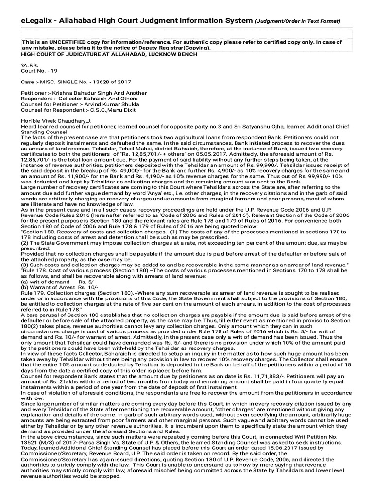 Allahabad HC Ruling on Recovery Charges | PDF | Justice | Crime & Violence