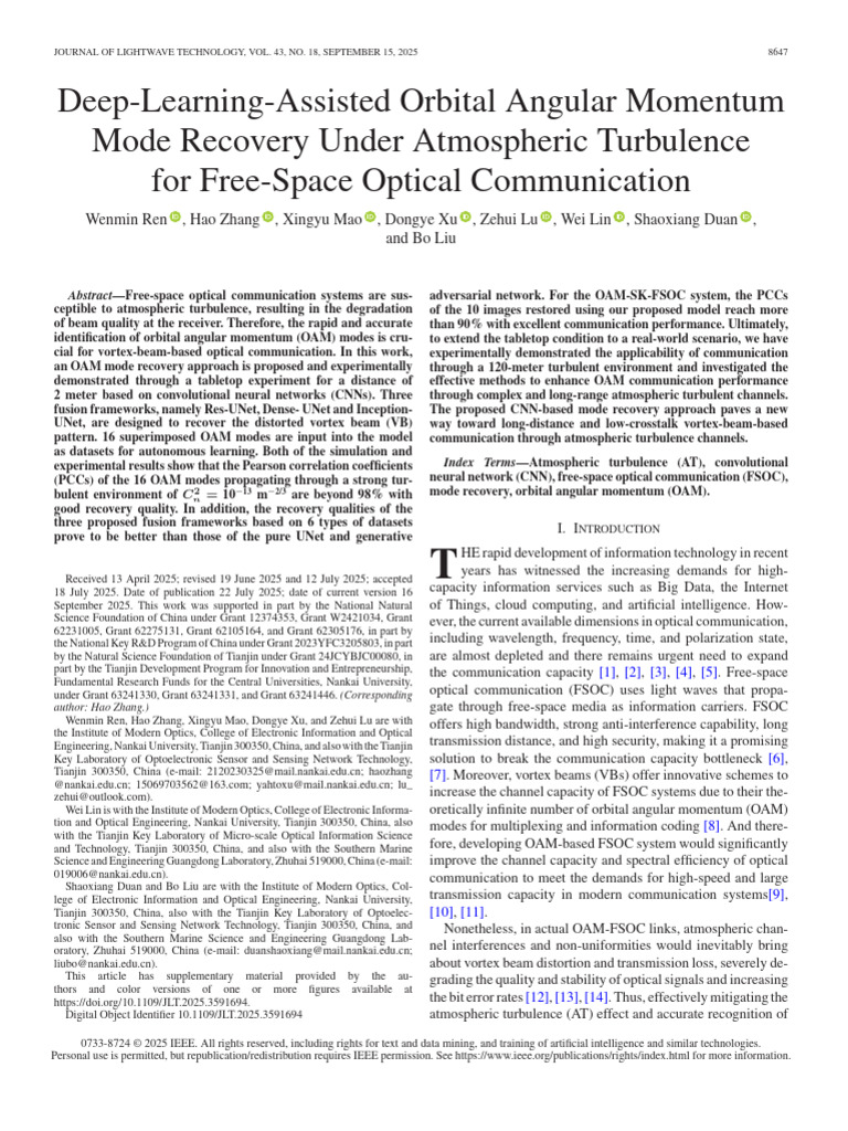 Deep-Learning-Assisted Orbital Angular Momentum Mode Recovery Under ...