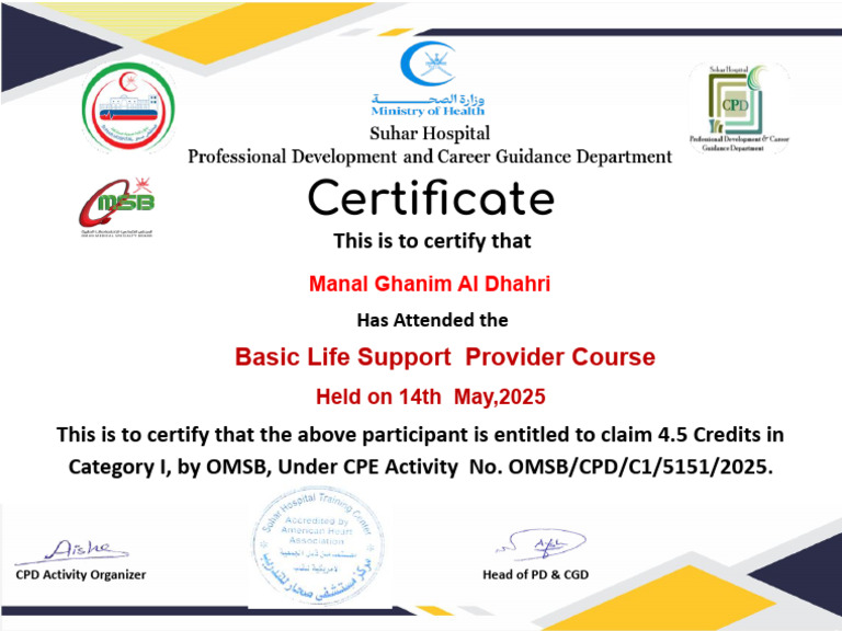 Basic Life Support Course Certificate | PDF