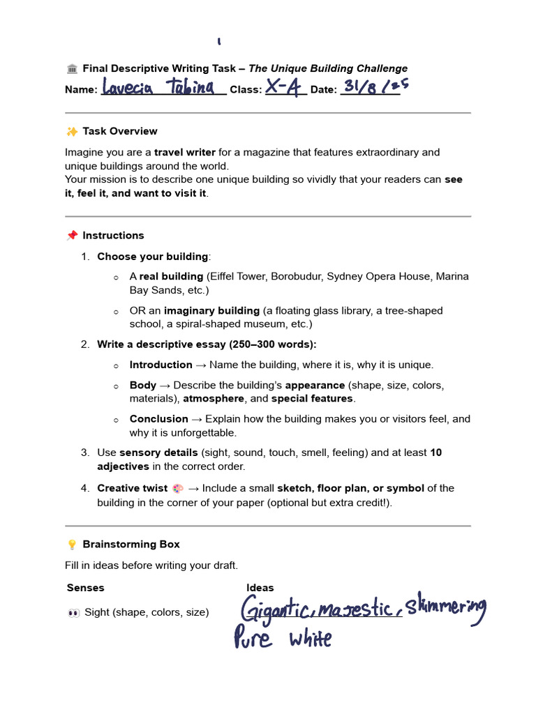Unique Building Descriptive Writing Task | PDF