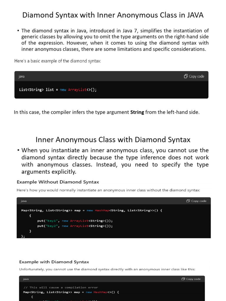 Diamond Syntax with Inner Classes in Java | PDF