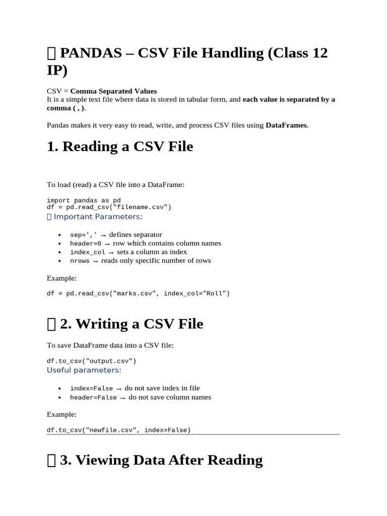 Pandas CSV File Handling Guide | PDF