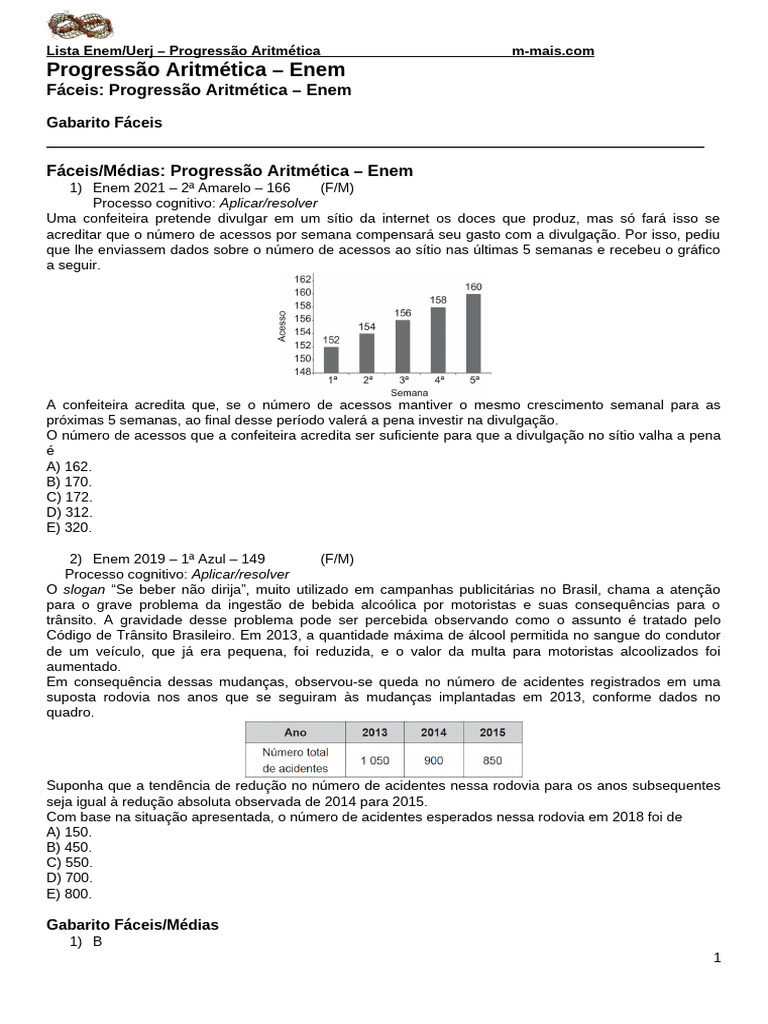 Lista de Questões sobre PA para Enem/Uerj | PDF | Aritmética | Sequência