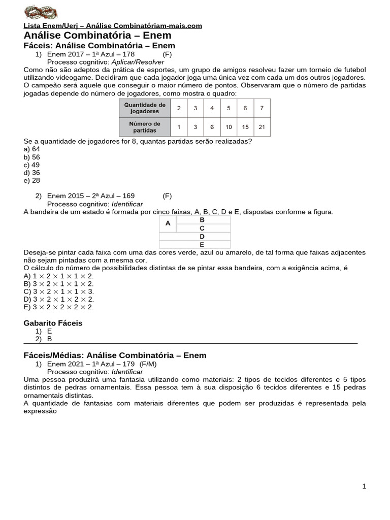 Análise Combinatória no ENEM: Questões e Respostas | PDF | Apartamento ...