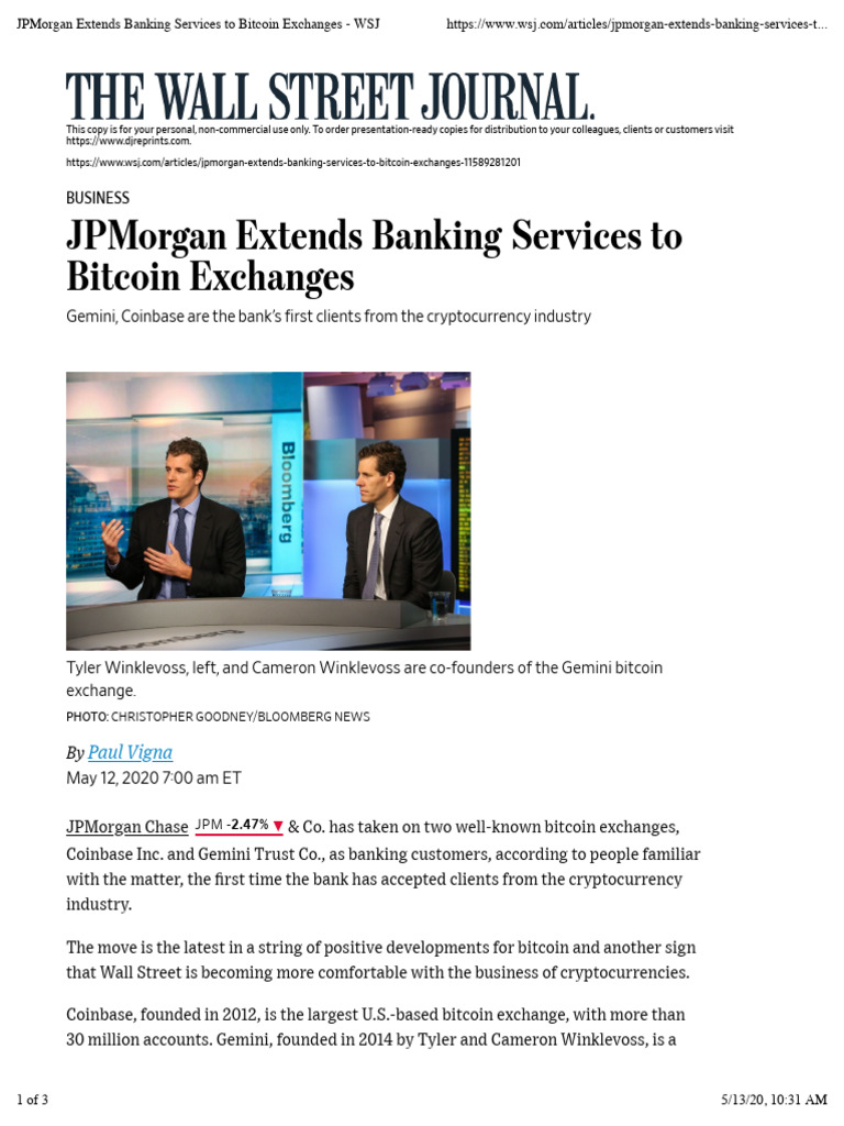 JPMorgan Extends Banking Services To Bitcoin Exchanges - Article WSJ | PDF  | Cryptocurrency | Bitcoin