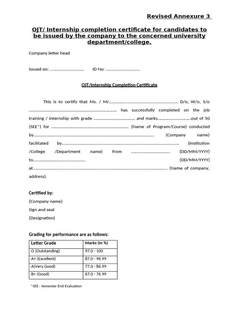 OJT Internship Completion Certificate Template | PDF | Educational ...