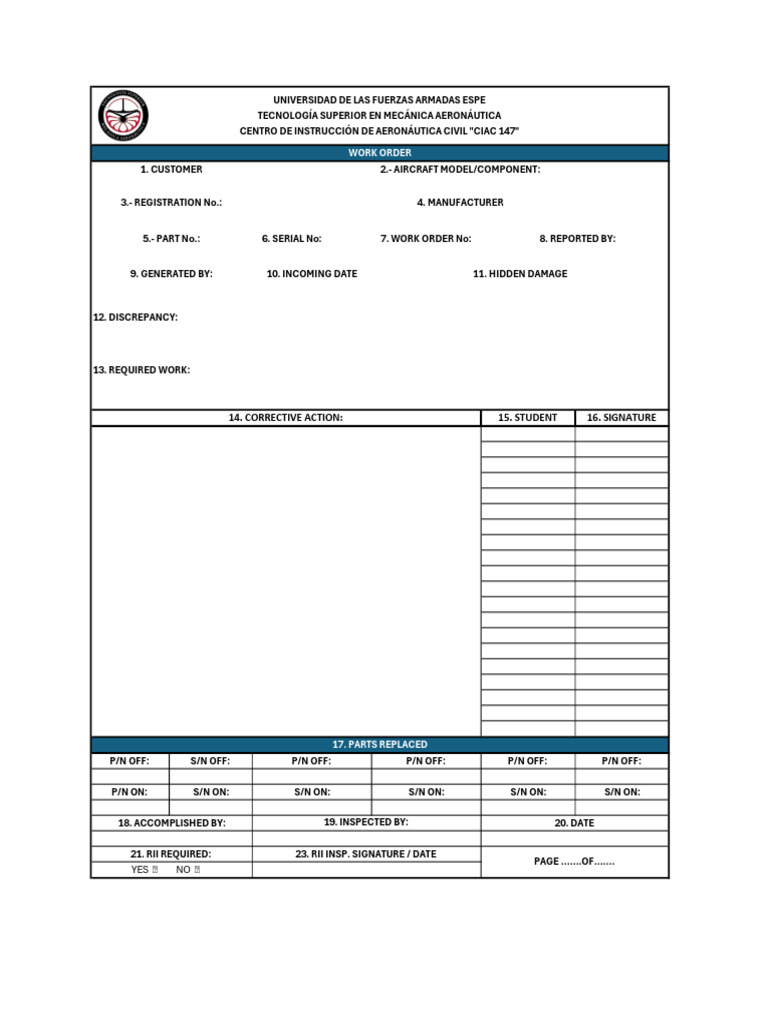 Aircraft Maintenance Work Order Form | PDF