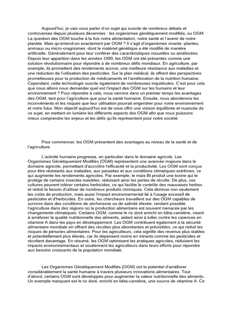 OGM Avantages et risques pour la santé PDF Organisme — free download