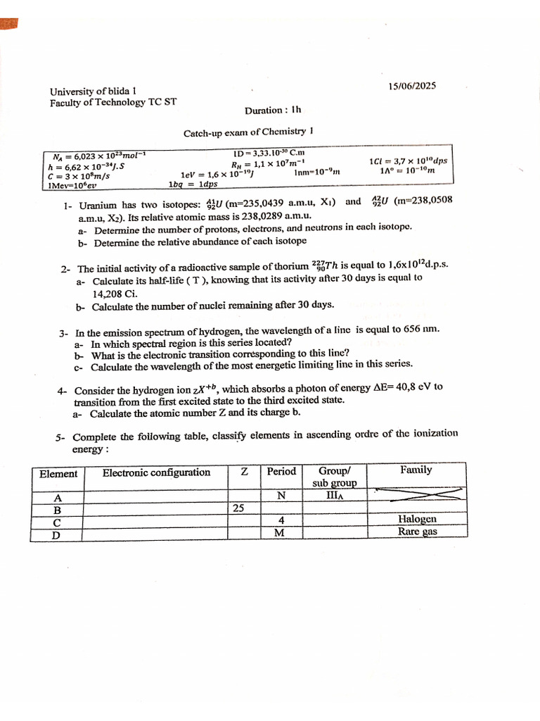 Chemistry 1 Exams 2025 2024 | PDF