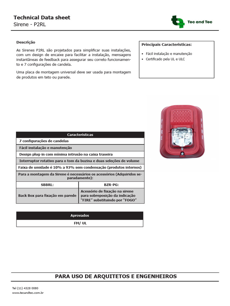 Sirene P2RL: Instalação e Características | PDF