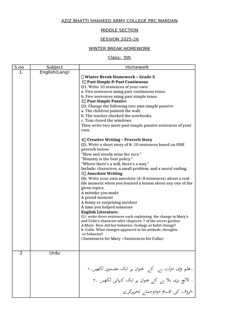 Winter Break Homework Class 5 | PDF