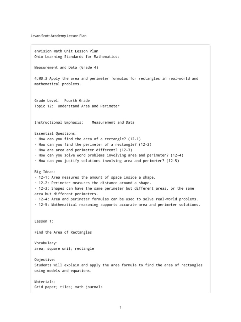 En Vision Math Grade 4 – Topic 12 Unit Plan | PDF | Area | Mathematics