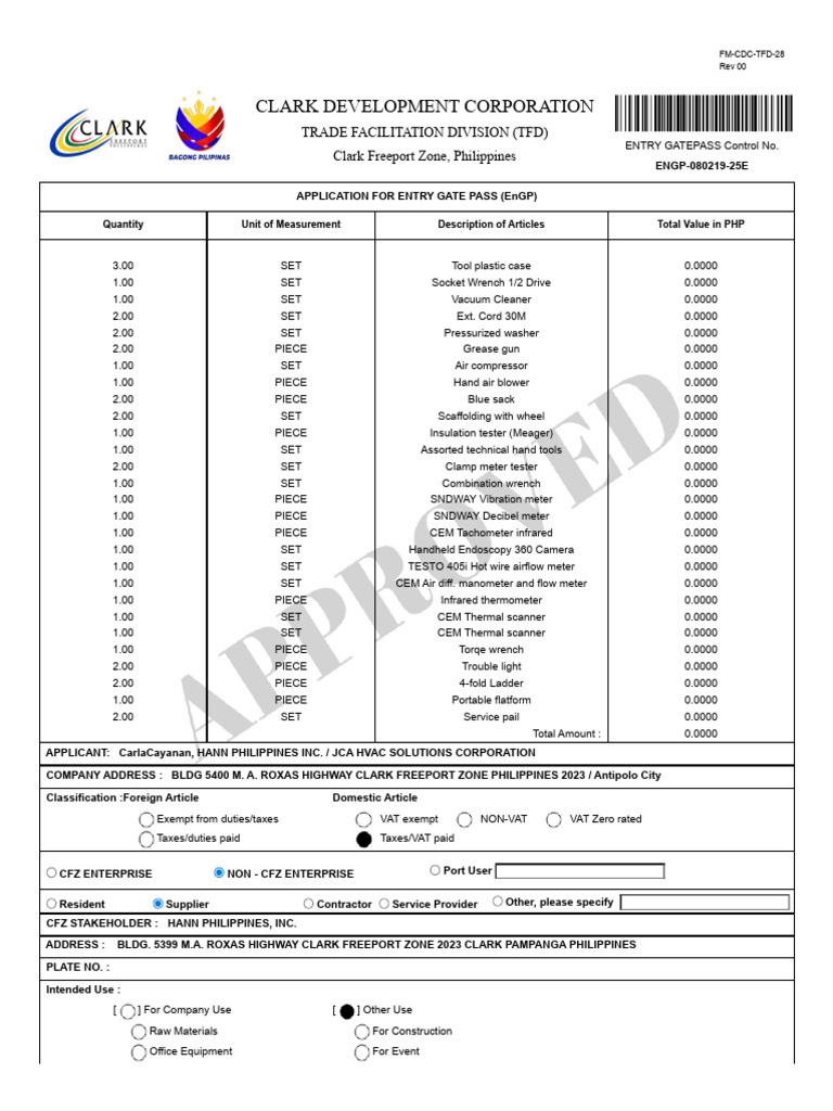 Clark Freeport Entry Gate Pass Application | PDF | Value Added Tax