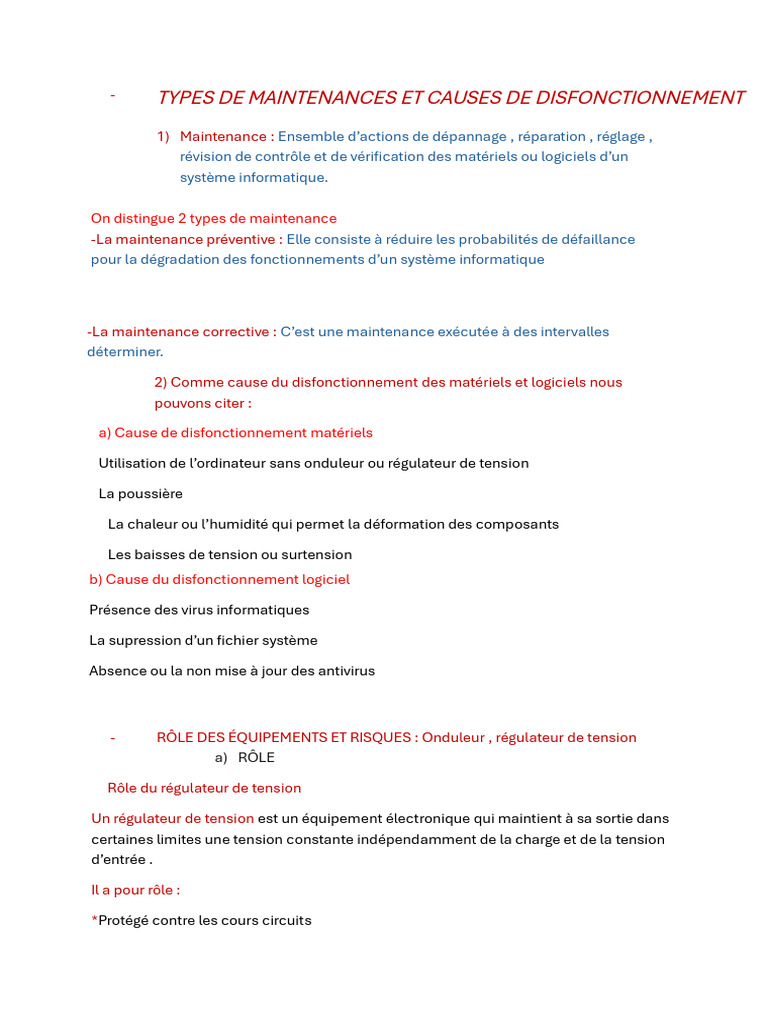 Types de maintenance et dysfonctionnements | PDF