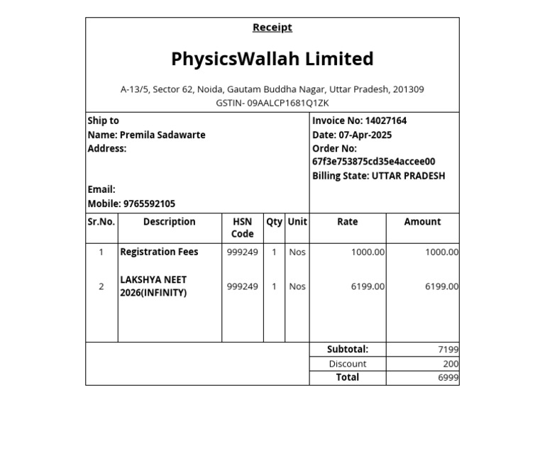 PhysicsWallah Receipt for NEET Registration | PDF