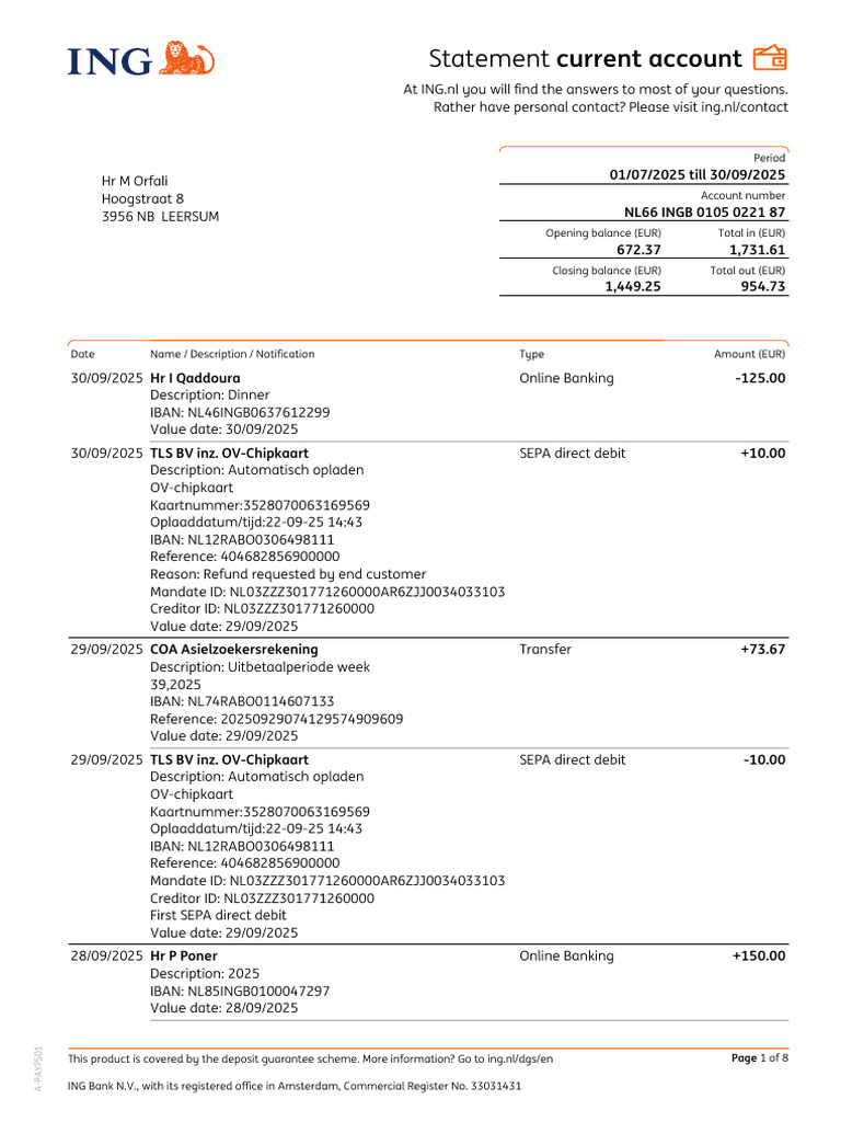 Nl66ingb0105022187 - 01 07 2025 - 30 09 2025 | PDF | Online Banking ...