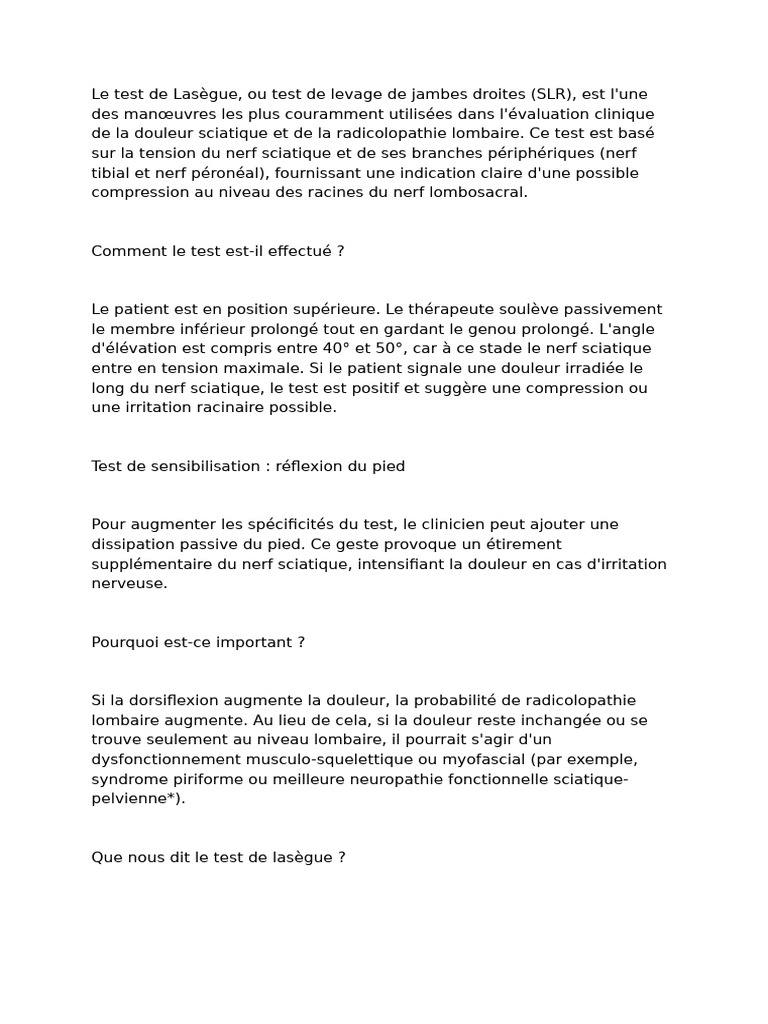 Test de Lasègue : Évaluation sciatique efficace | PDF | Douleur ...