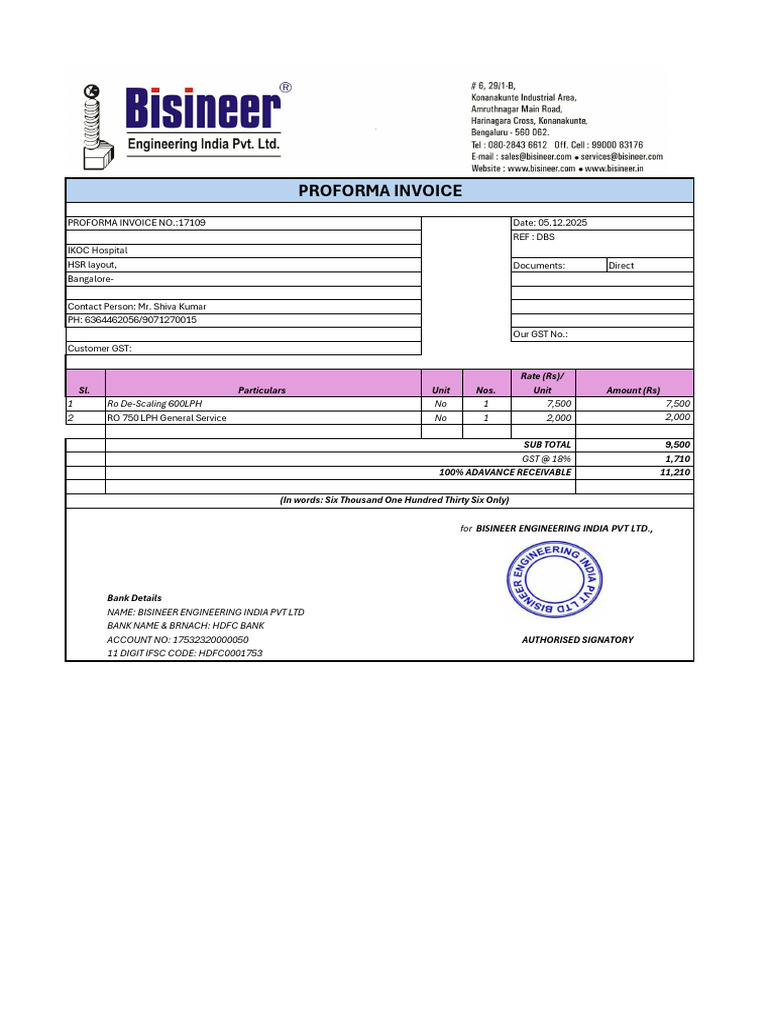 Proforma Invoice for RO Services | PDF