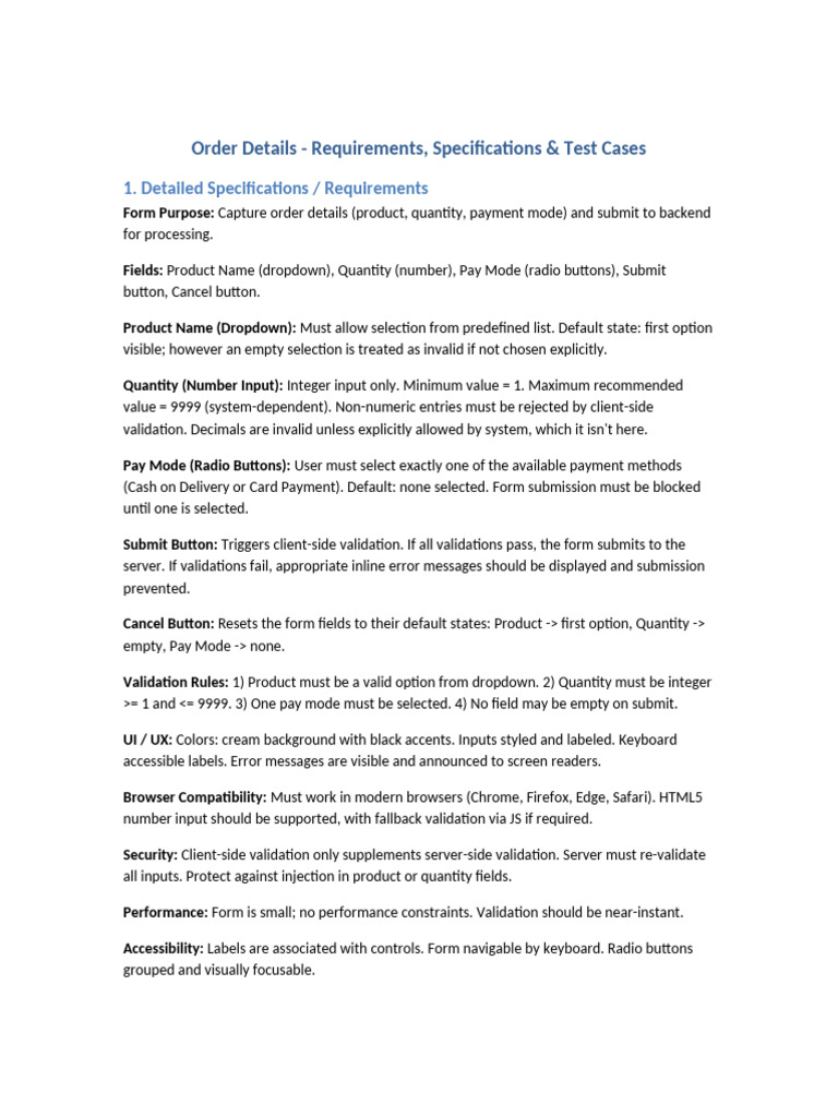 Order Form Specifications & Test Cases | PDF | Client–Server Model ...
