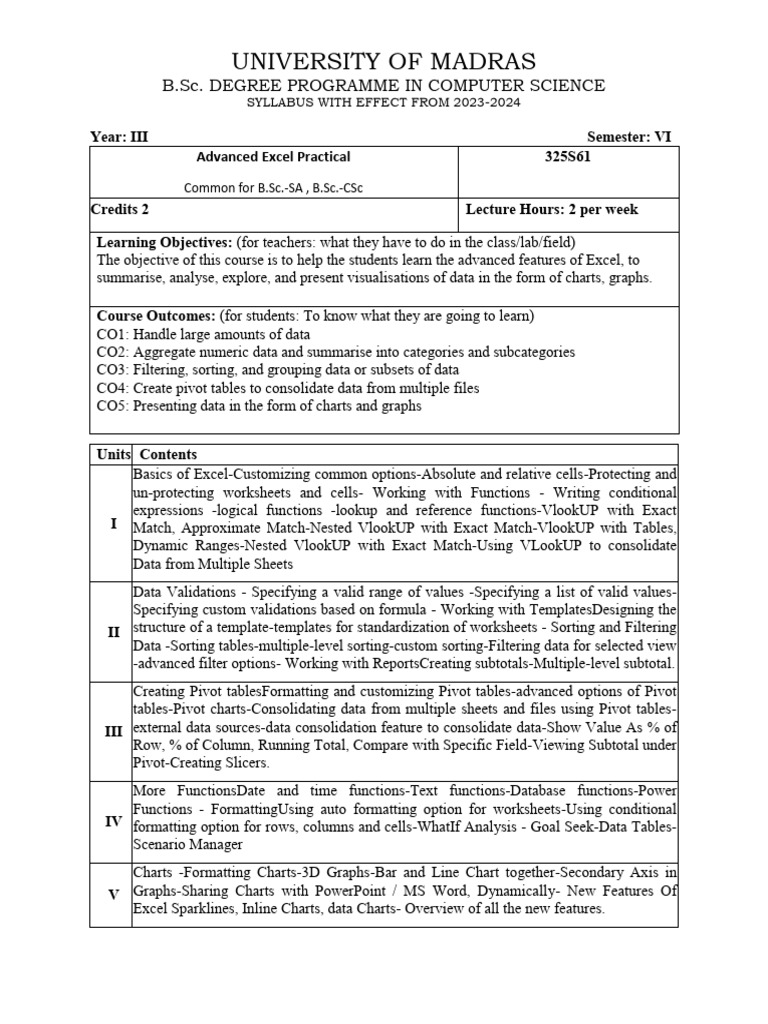 Advanced Excel Syllabus 2023-2024 | PDF | Microsoft Excel | Data Management