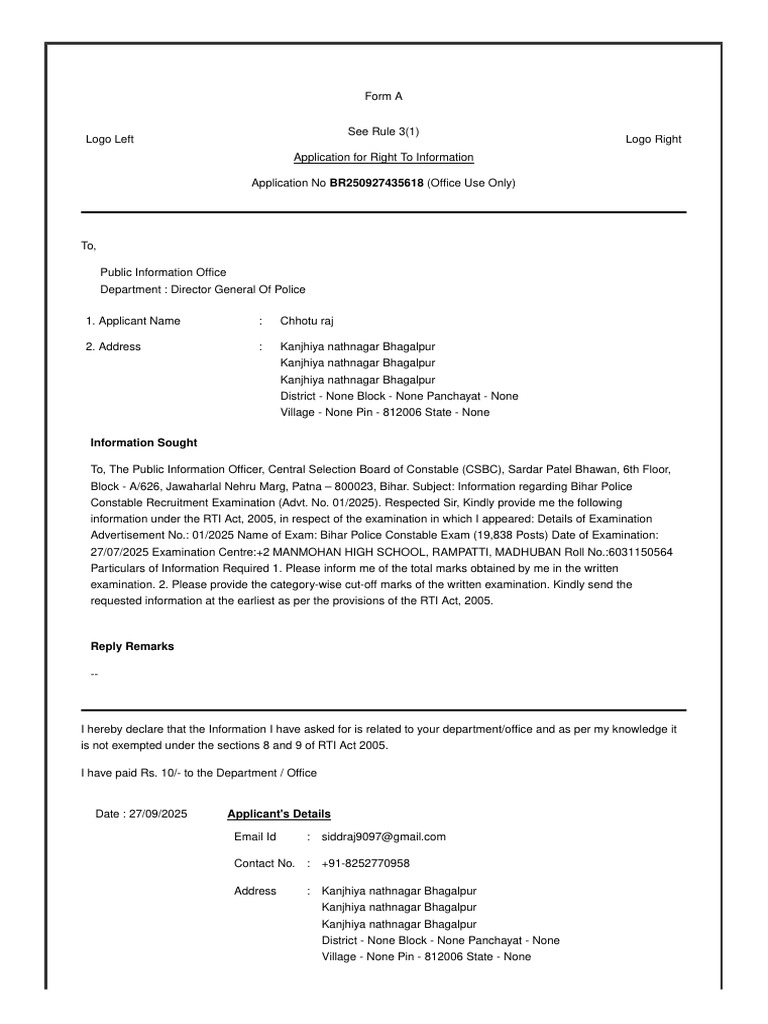 Bihar Police RTI Application Form | PDF | Politics Of India ...