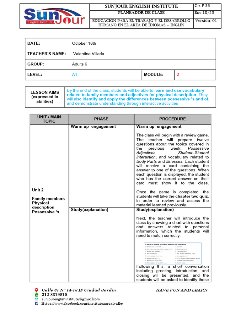 English Class Plan: Family & Descriptions | PDF | Learning | Human ...