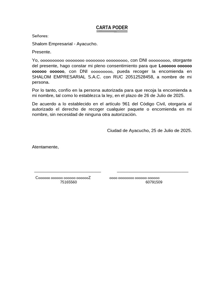 Carta Poder para Recoger Encomienda | PDF