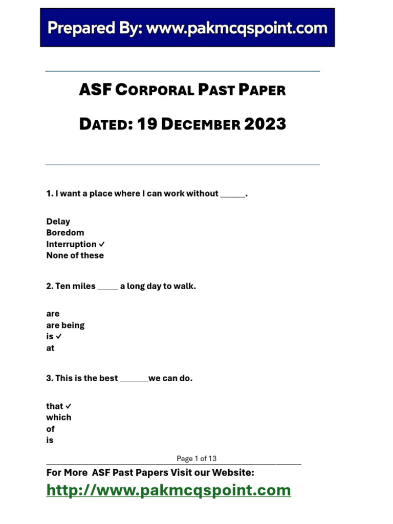 ASF Corporal Past Paper 2023 | PDF