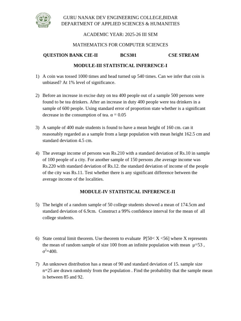 Statistical Inference Question Bank BCS301 | PDF | Standard Deviation ...