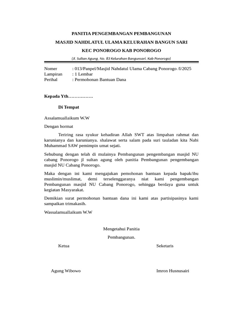 Permohonan Dana Pembangunan Masjid NU | PDF