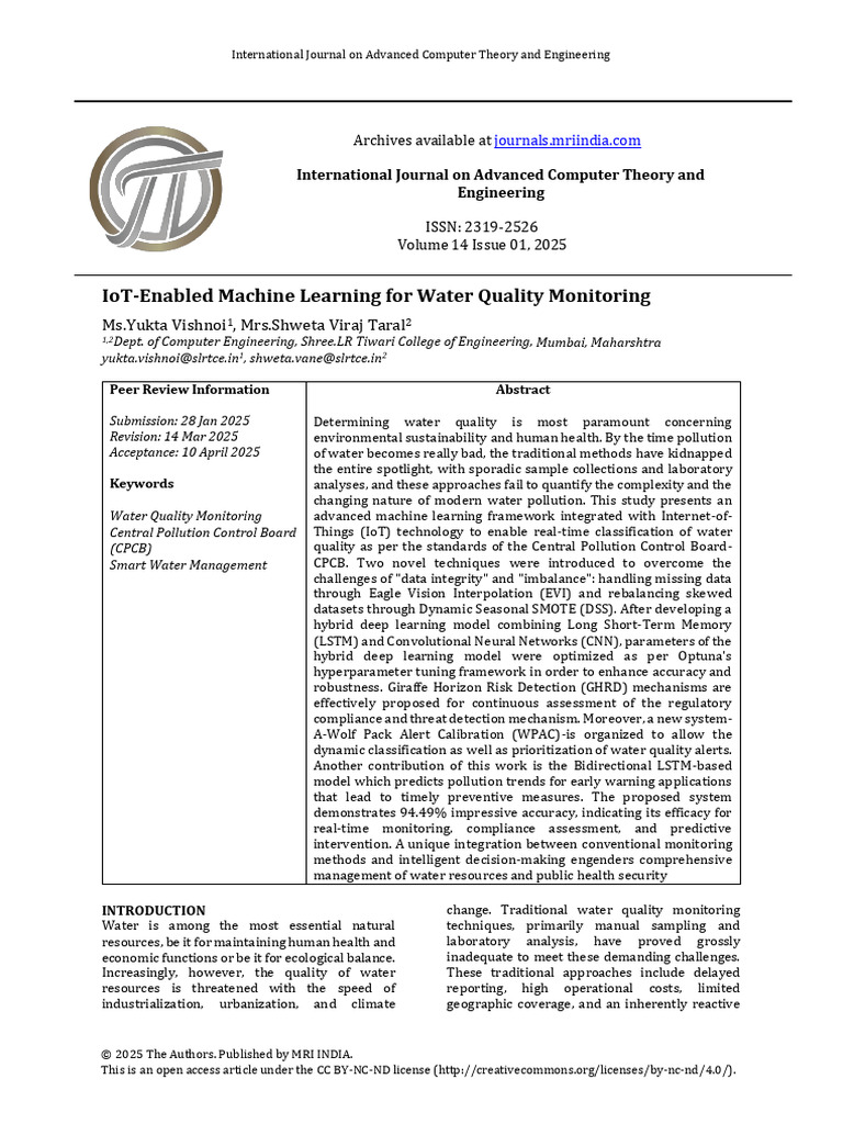 IoT Machine Learning for Water Quality | PDF | Machine Learning | Water ...