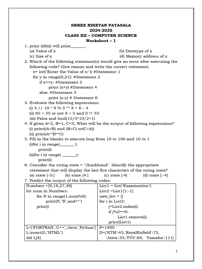 Class XII Computer Science Worksheets | PDF | Parameter (Computer ...