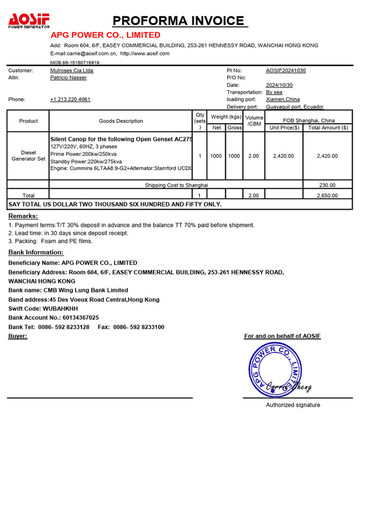 Proforma Invoice for Silent Canopy From AOSIF 2024.10.30 | PDF