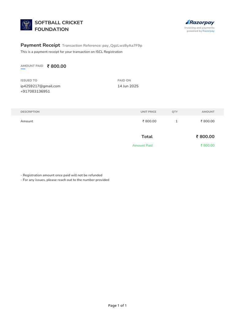 Receipt Pay - Qgzlwz8yaa7f9p From Softball Cricket Foundation (Paid ...