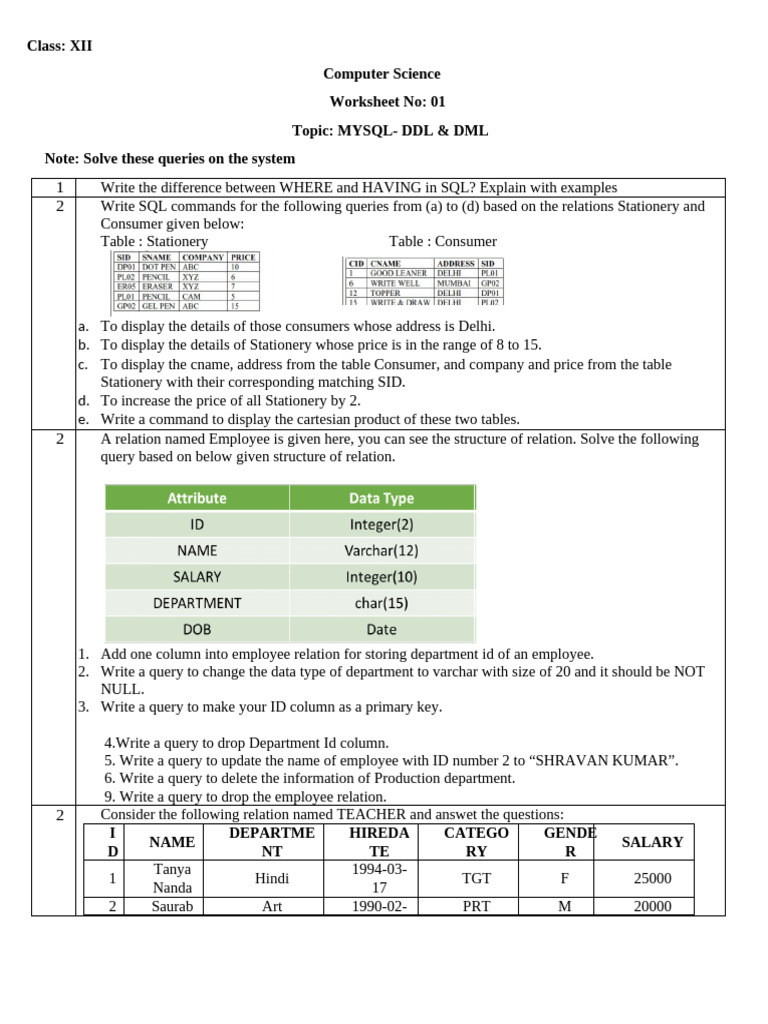 MySQL DDL & DML Worksheet for Class XII | PDF | Sql | Computer Programming